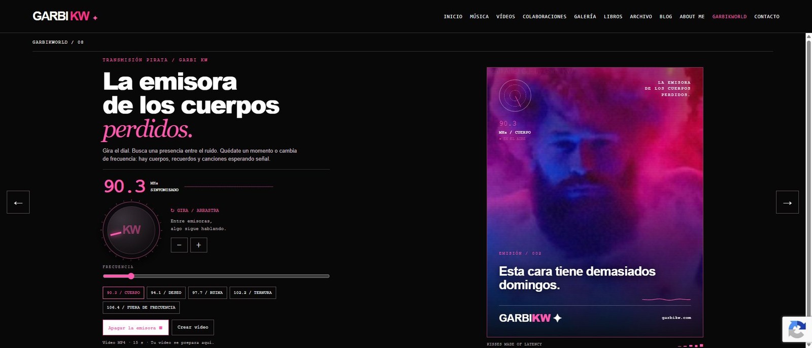 Interfaz de La emisora de los cuerpos perdidos de Garbi KW, con dial y cinco frecuencias