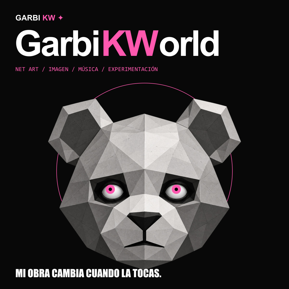 GarbiKWorld, laboratorio de net art de Garbi KW, con cabeza de oso poligonal y ojos rosas