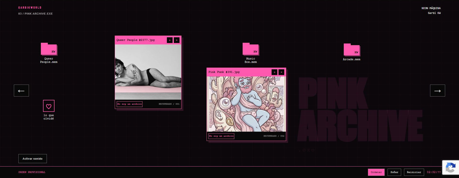 Pink Archive.exe: escritorio interactivo con carpetas rosas y ventanas de obras de Garbi KW