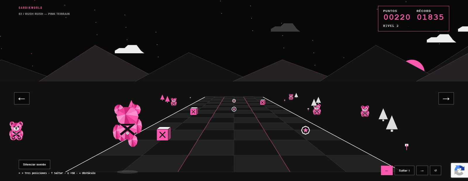 Pink Terrain: oso poligonal en un juego de tres carriles, con montañas y monedas rosas