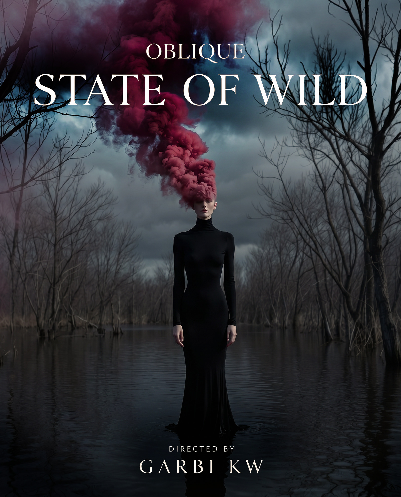 State of Wild, Oblique — Mujer con una nube rosa sobre la cabeza en un bosque inundado. Cartel por Garbi KW.