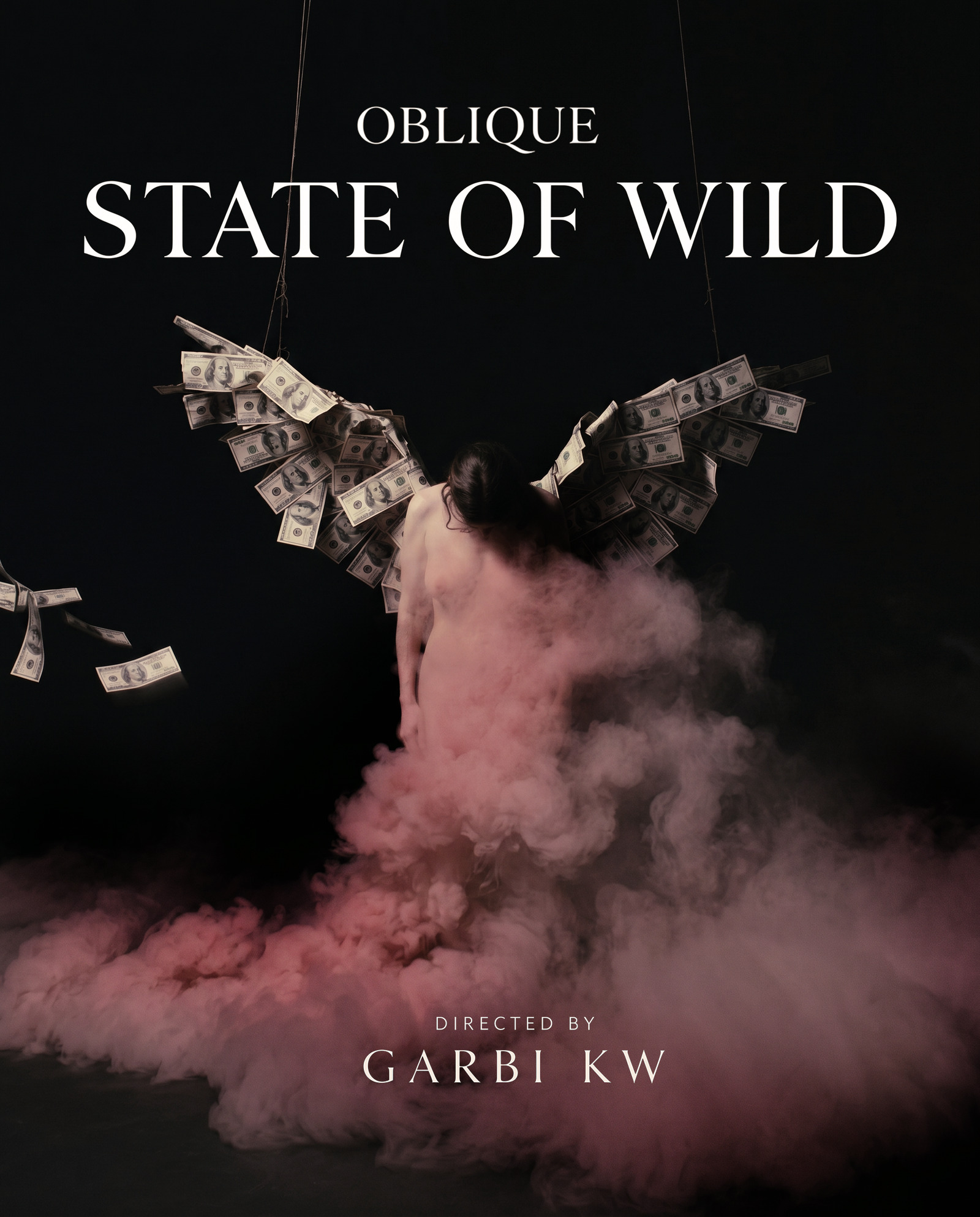 State of Wild, Oblique — Figura con alas de billetes entre humo rosa. Cartel por Garbi KW.