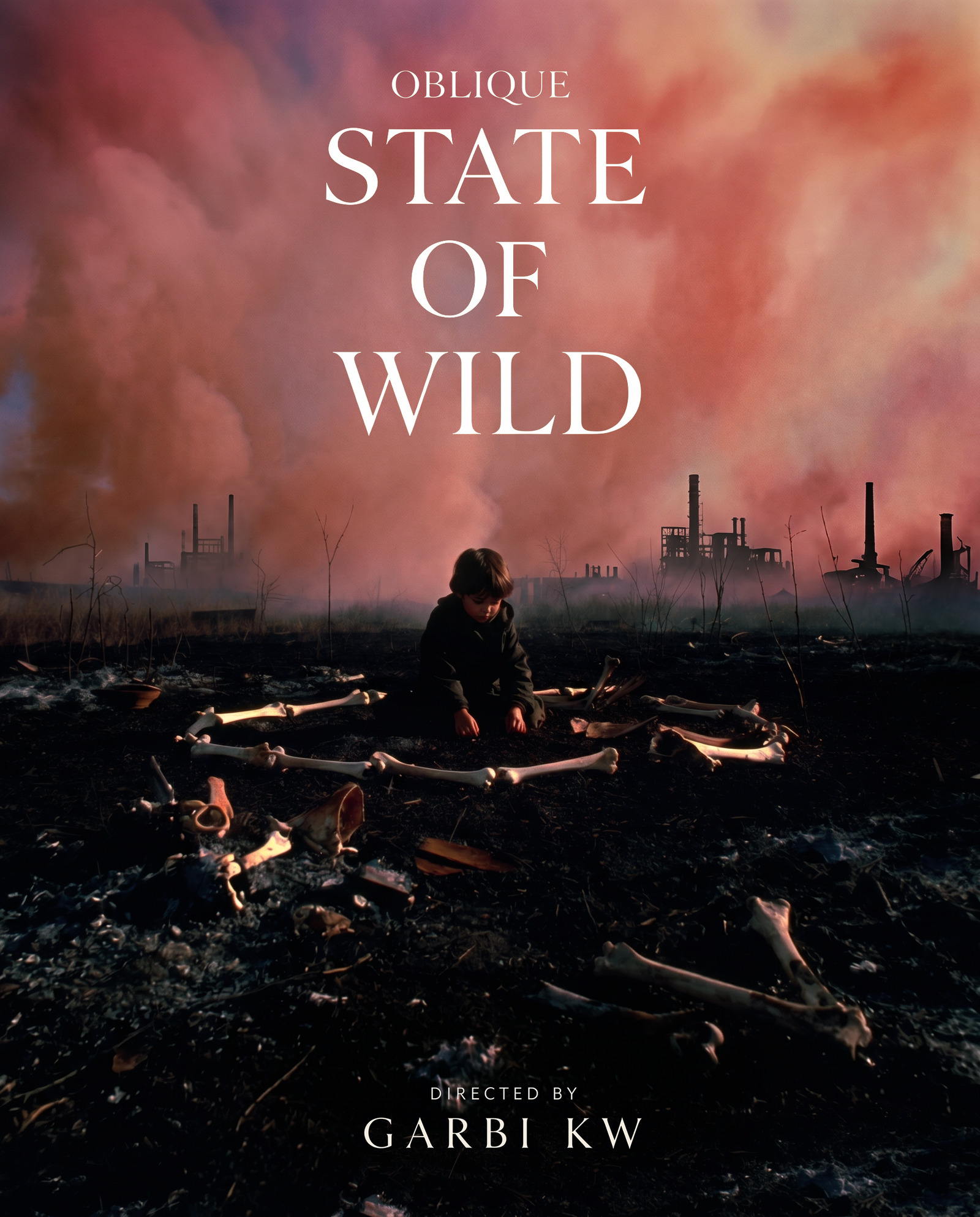 State of Wild, Oblique — Niño entre cenizas bajo un cielo rosa. Cartel por Garbi KW.
