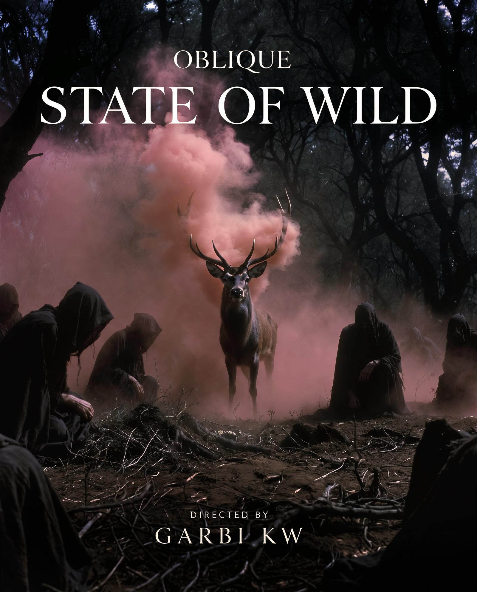 State of Wild, Oblique — Ciervo rodeado de figuras encapuchadas en el bosque. Cartel por Garbi KW.
