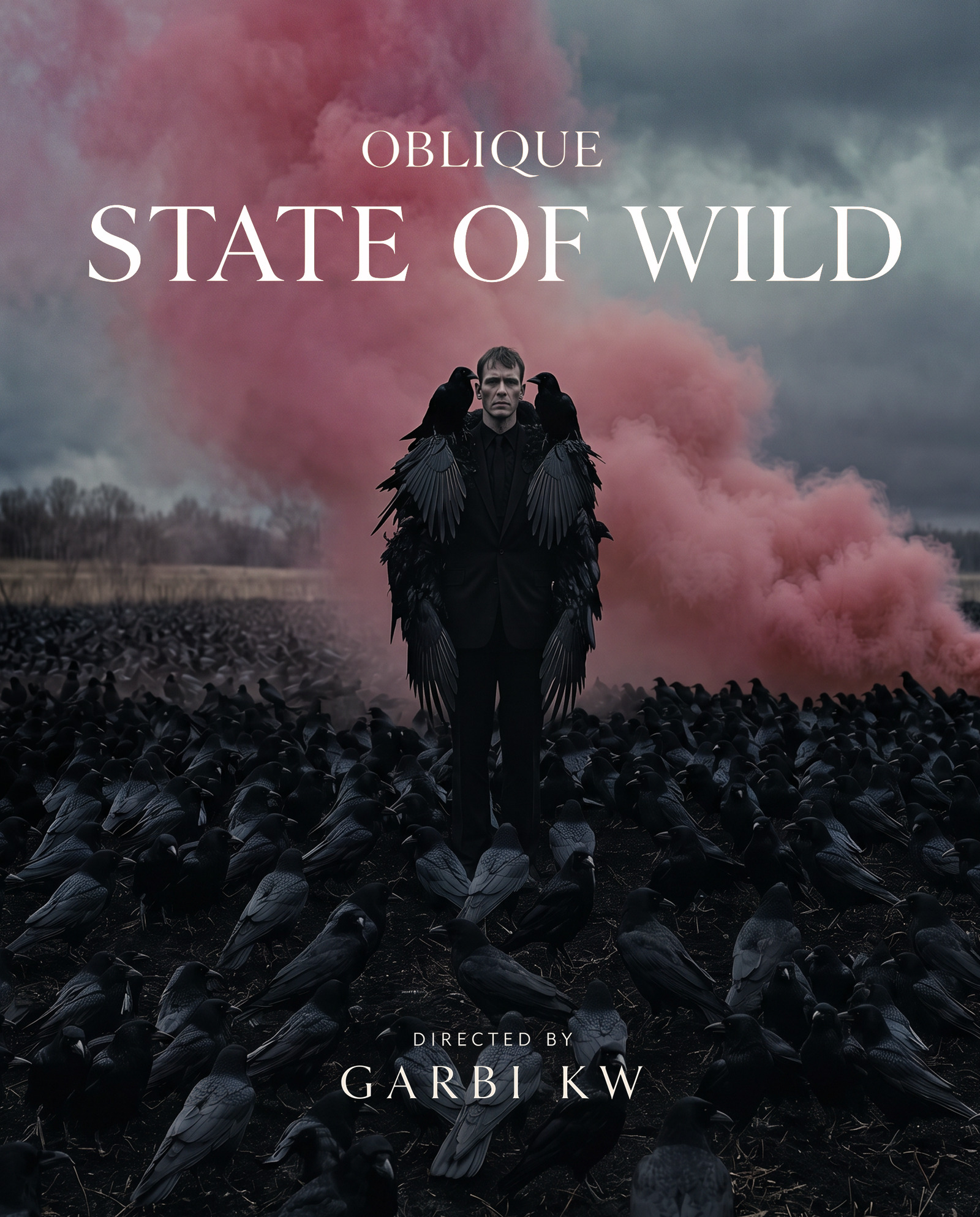State of Wild, Oblique — Hombre rodeado de cuervos y humo rosa. Cartel por Garbi KW.